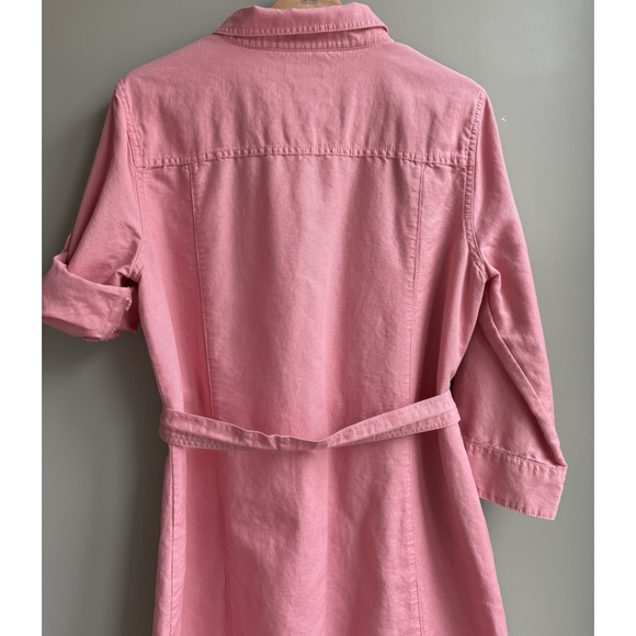 LL Bean Linen Cotton Belted Button Front Shirt Dress Pink Roll Tab Sleeves XL P - Picture 4 of 16